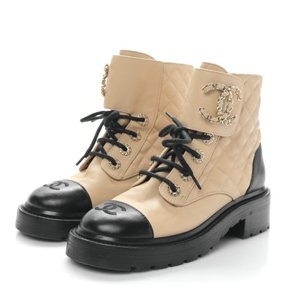 Chanel Lambskin Calfskin Quilted Lace Up Combat Boots 35.5 Beige Black 3 of 8