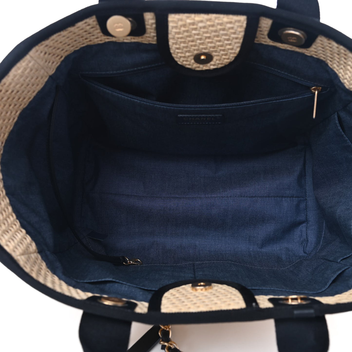 Straw Raffia Calfskin Chain Medium Deauville Tote Beige Black