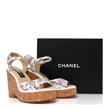 Chanel Tweed Cork CC Wedge Sandals 37.5 Ecru Pink Blue Green 8 of 8