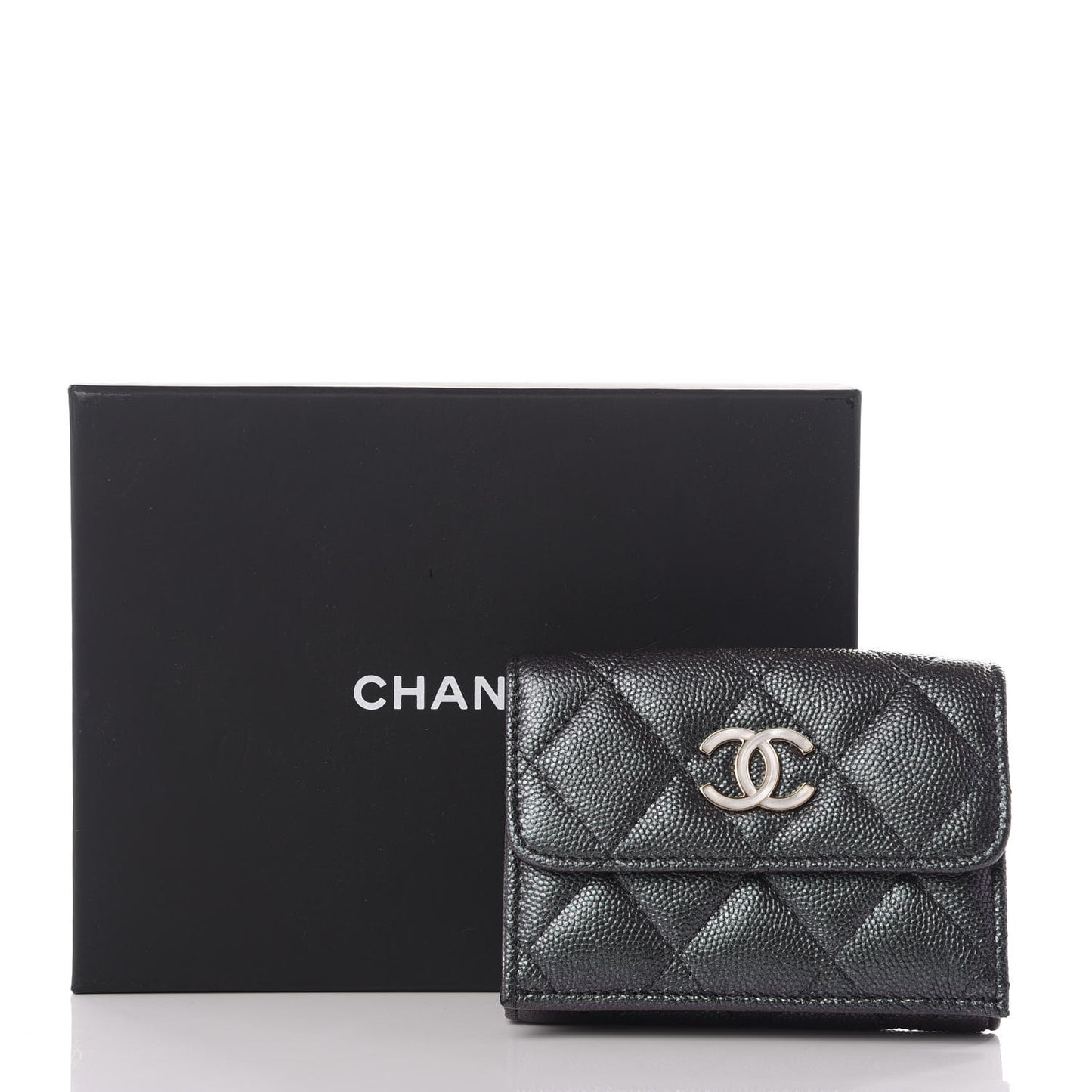 Iridescent Caviar Quilted Double Flap Wallet Black