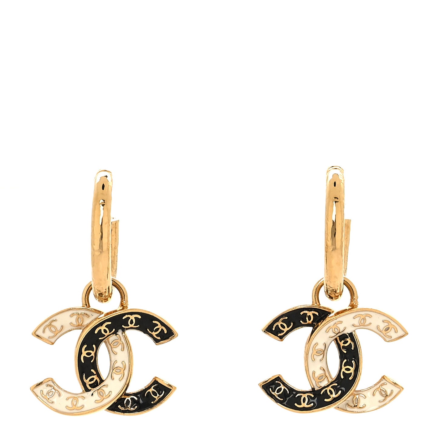 Enamel CC Hoop Drop Earrings Black White Gold