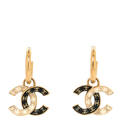 Chanel Enamel CC Hoop Drop Earrings Black White Gold 1 of 4