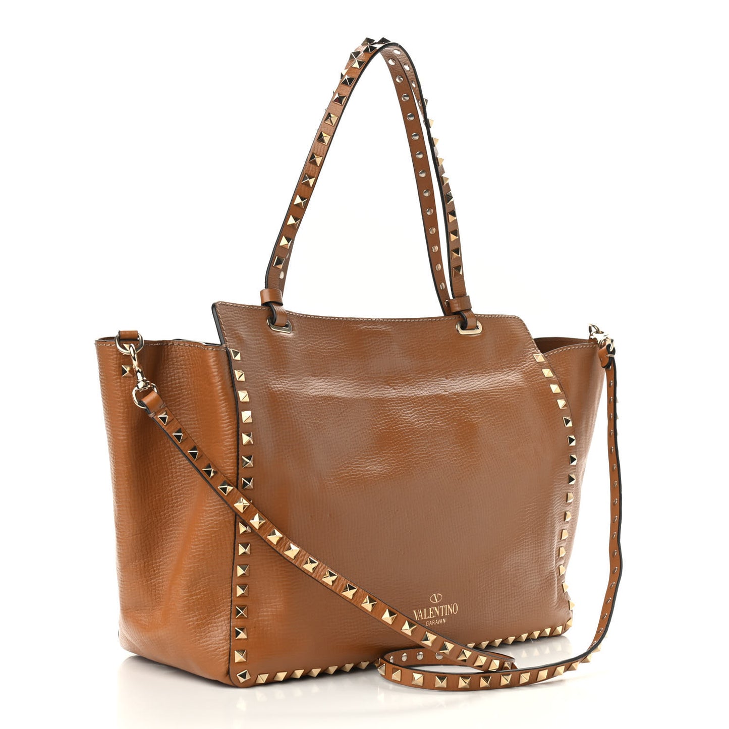 Textured Calfskin Medium Rockstud Tote Camel