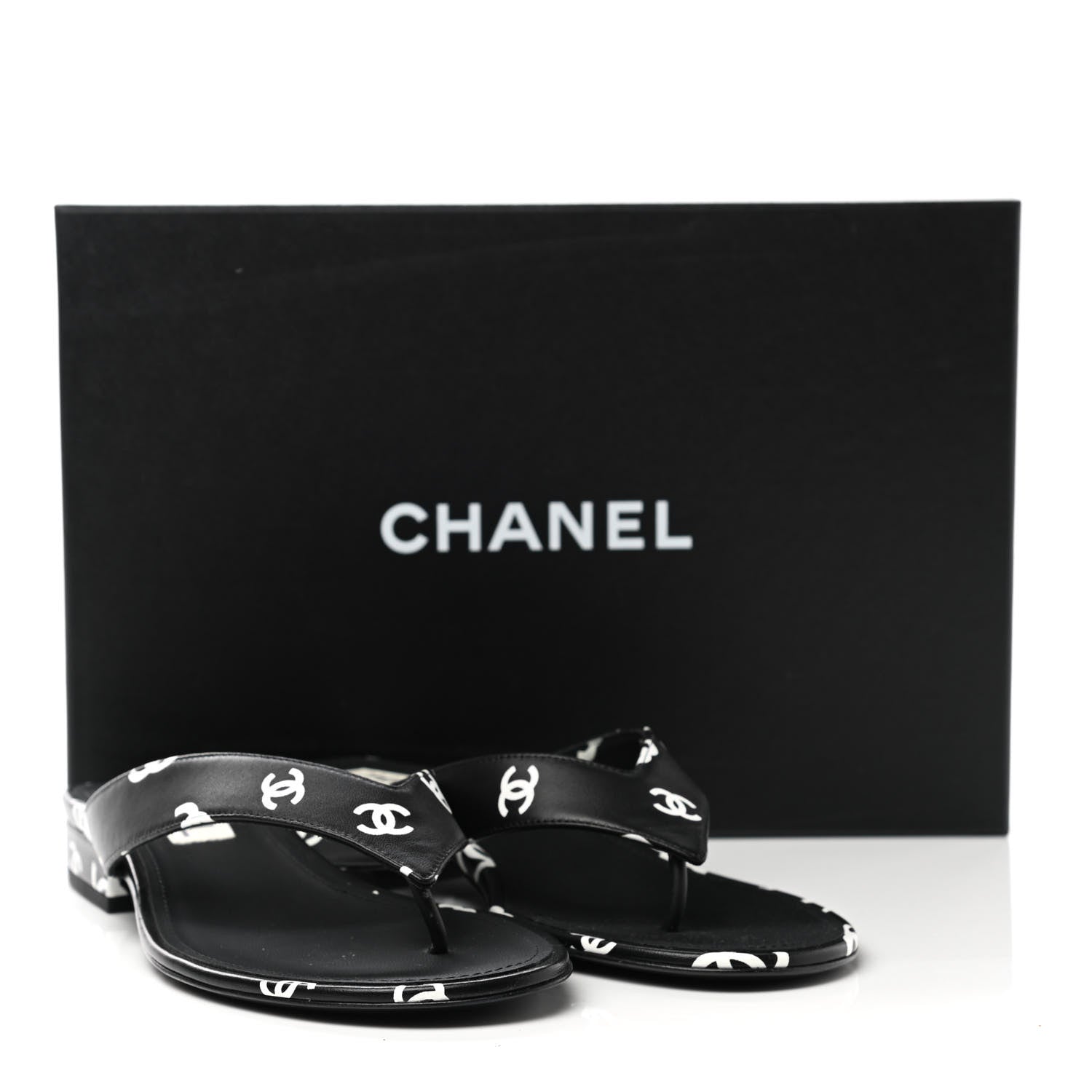 Chanel Lambskin Printed CC Thong Sandals 39 Black White 9 of 9