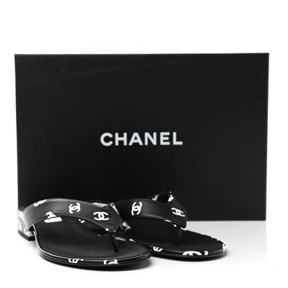 Chanel Lambskin Printed CC Thong Sandals 39 Black White 9 of 9