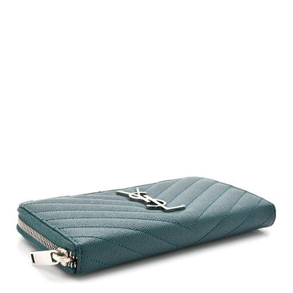 Saint Laurent Grain De Poudre Matelasse Chevron Monogram Zip Around Wallet Sea Turquoise 4 of 9