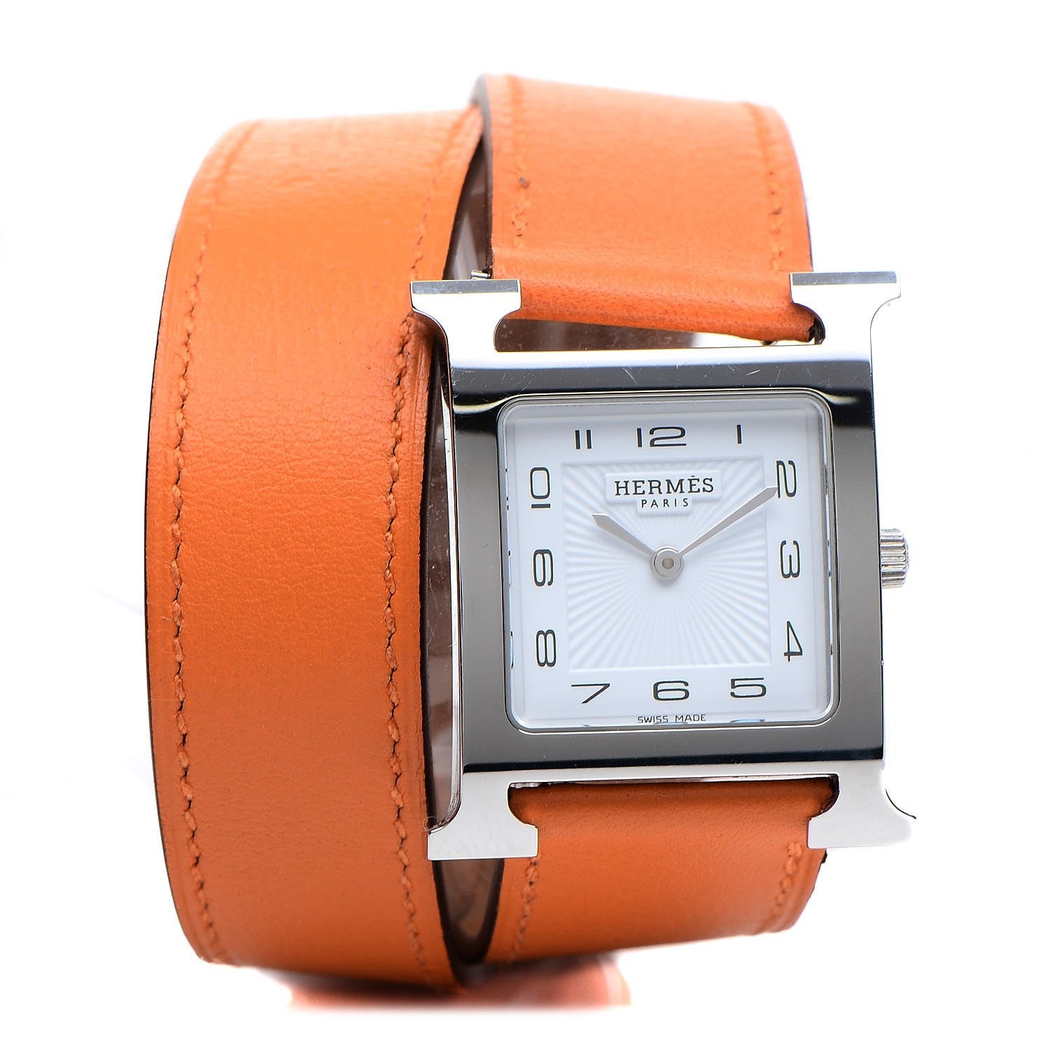 Hermes Stainless Steel Swift 26mm Heure H Hour Double Tour Quartz Watch Orange 1 of 10