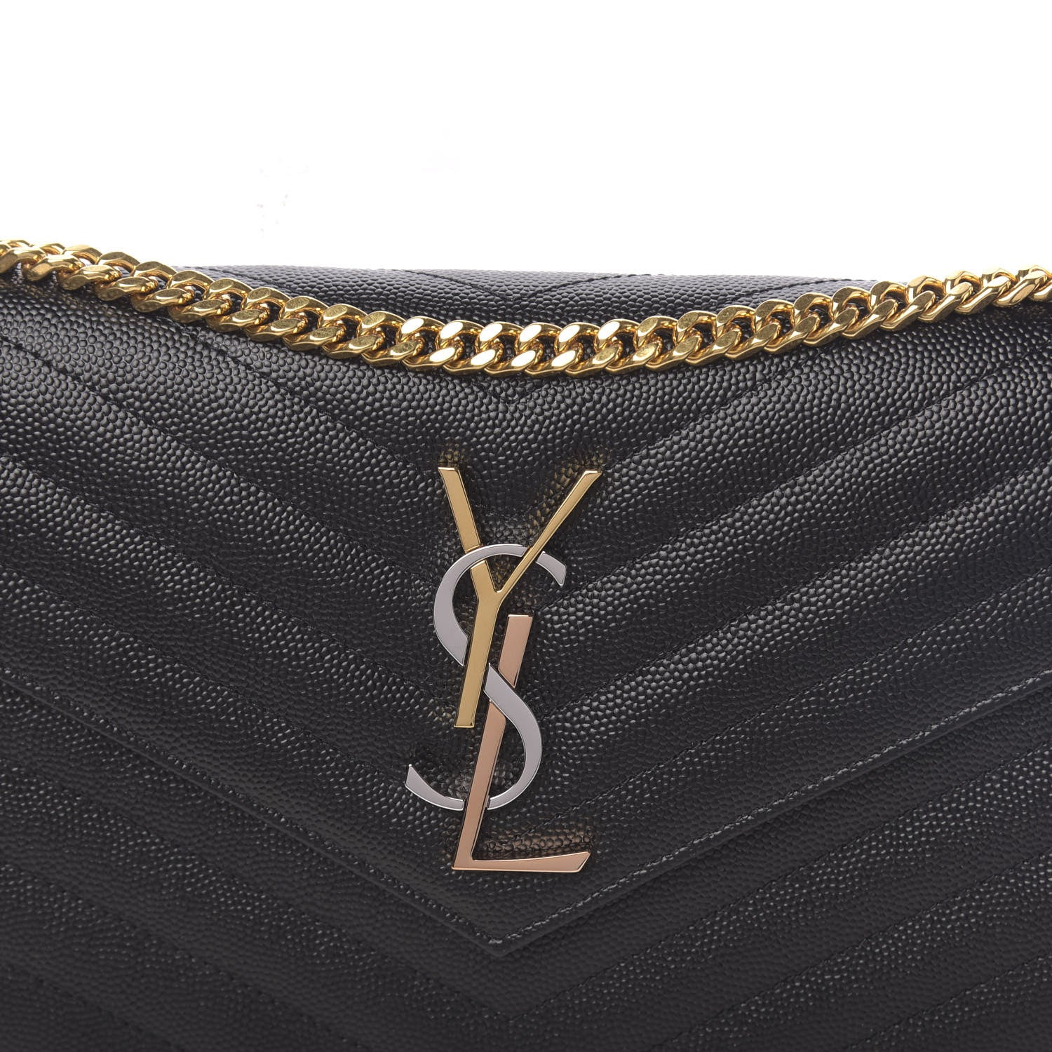 Saint Laurent Grain De Poudre Matelasse Chevron Tri-Metal Monogram Chain Wallet Black 8 of 11