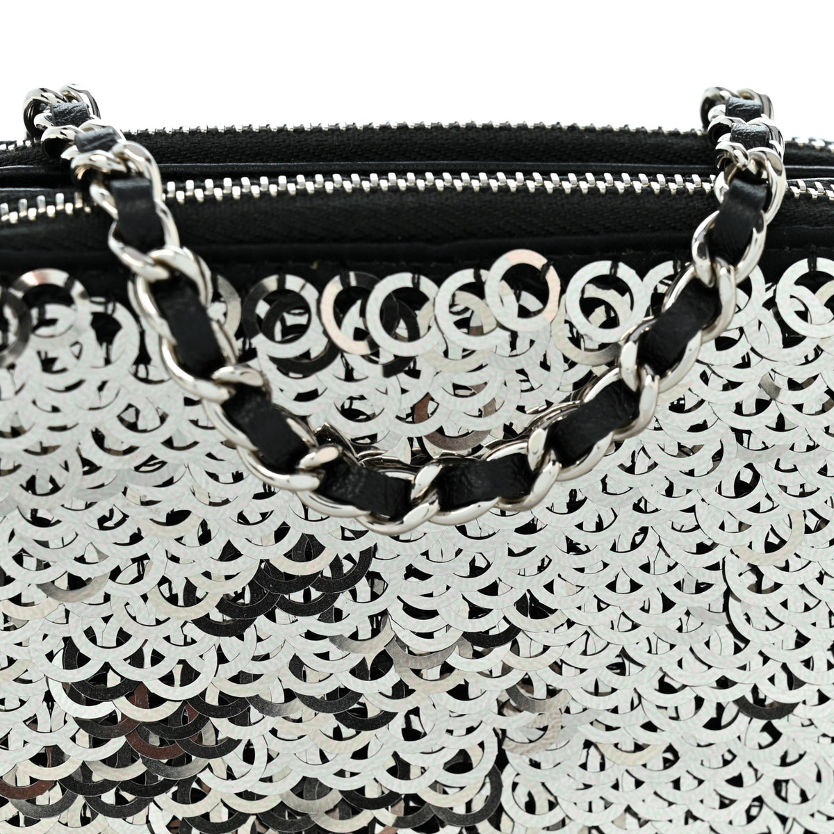 Sequin Lambskin Summer Night Clutch With Chain  Black Silver