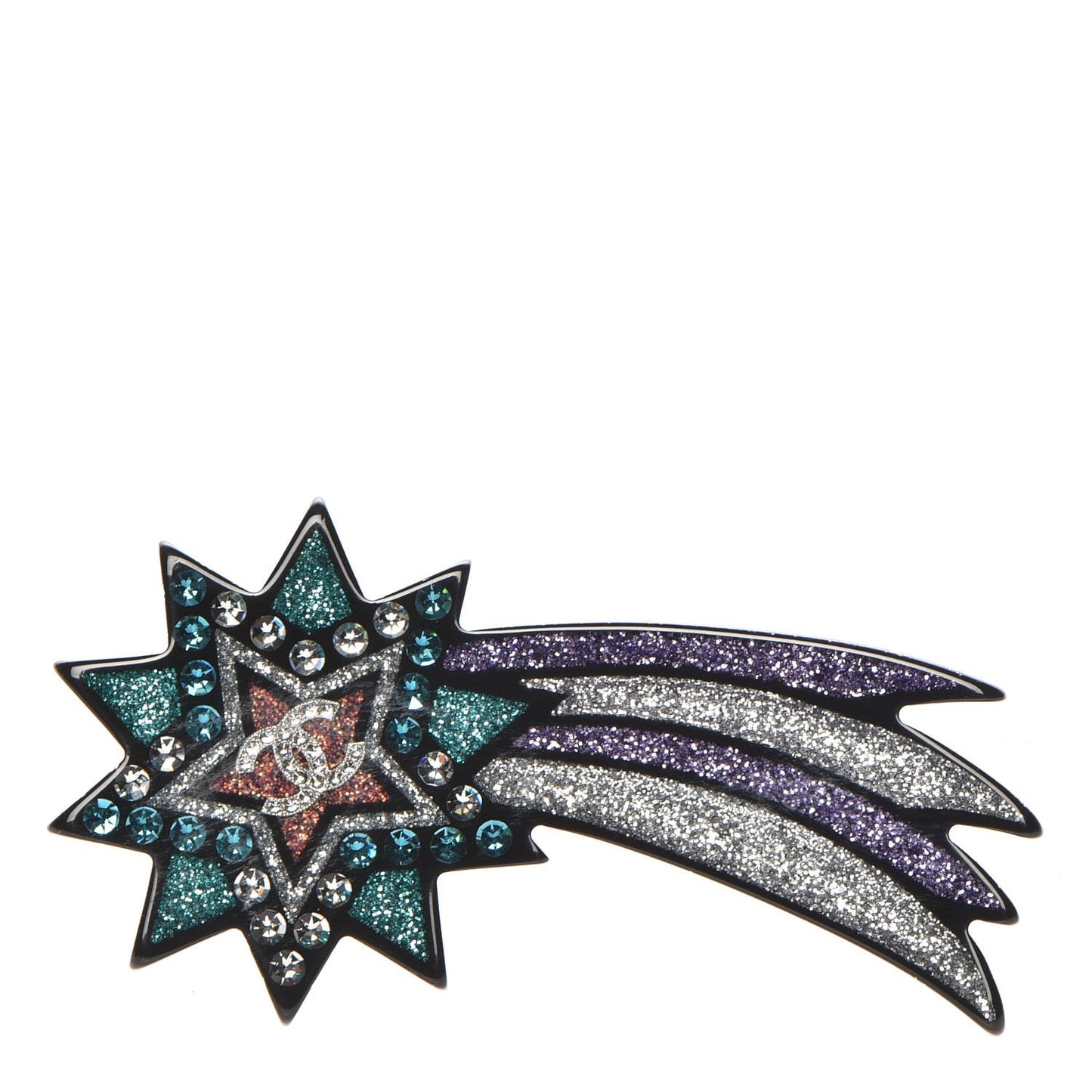 Glittered Resin Strass Shooting Star Brooch Black Purple Green