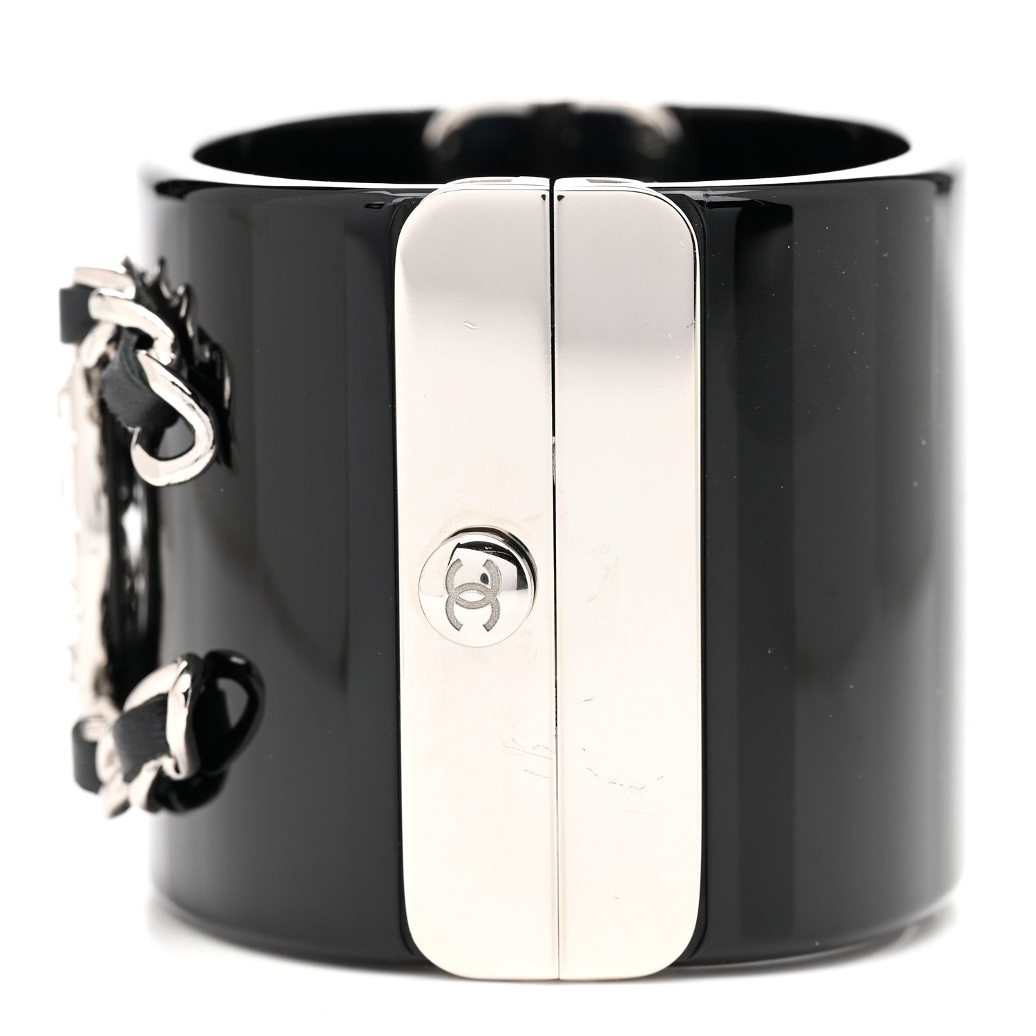 Chanel Resin Lambskin Baguette Crystal CC Chain Cuff Bracelet S Black 4 of 6