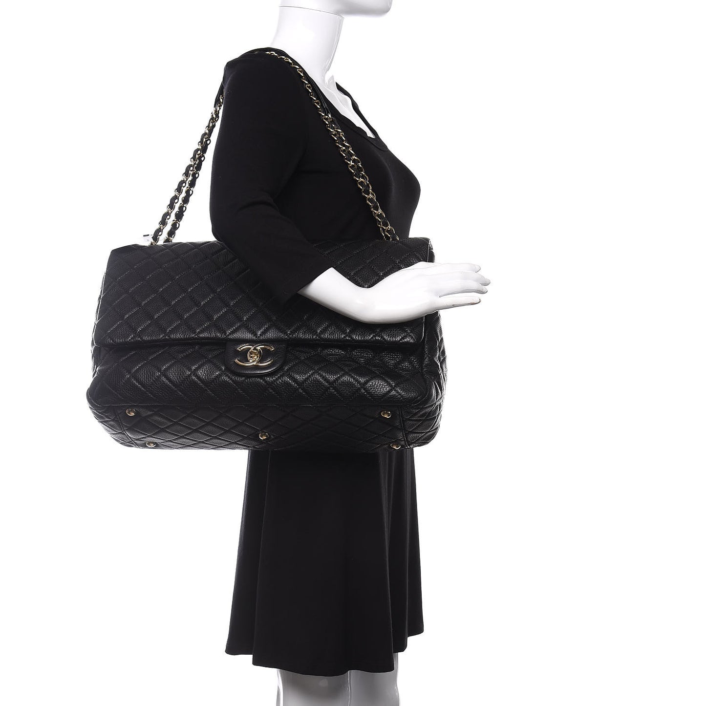 Calfskin Quilted XXL Travel Flap Bag Black