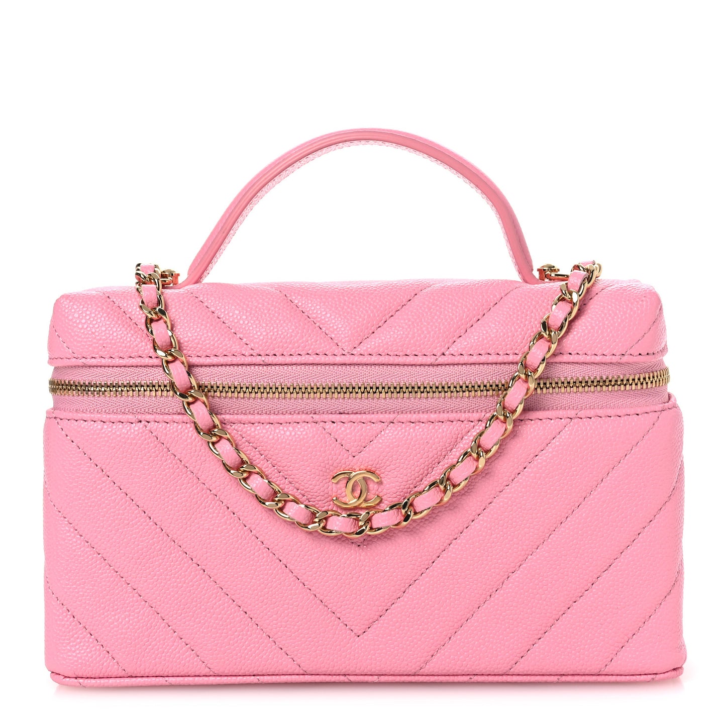 Shiny Caviar Quilted Sleek Chevron Vanity With Chain Rose