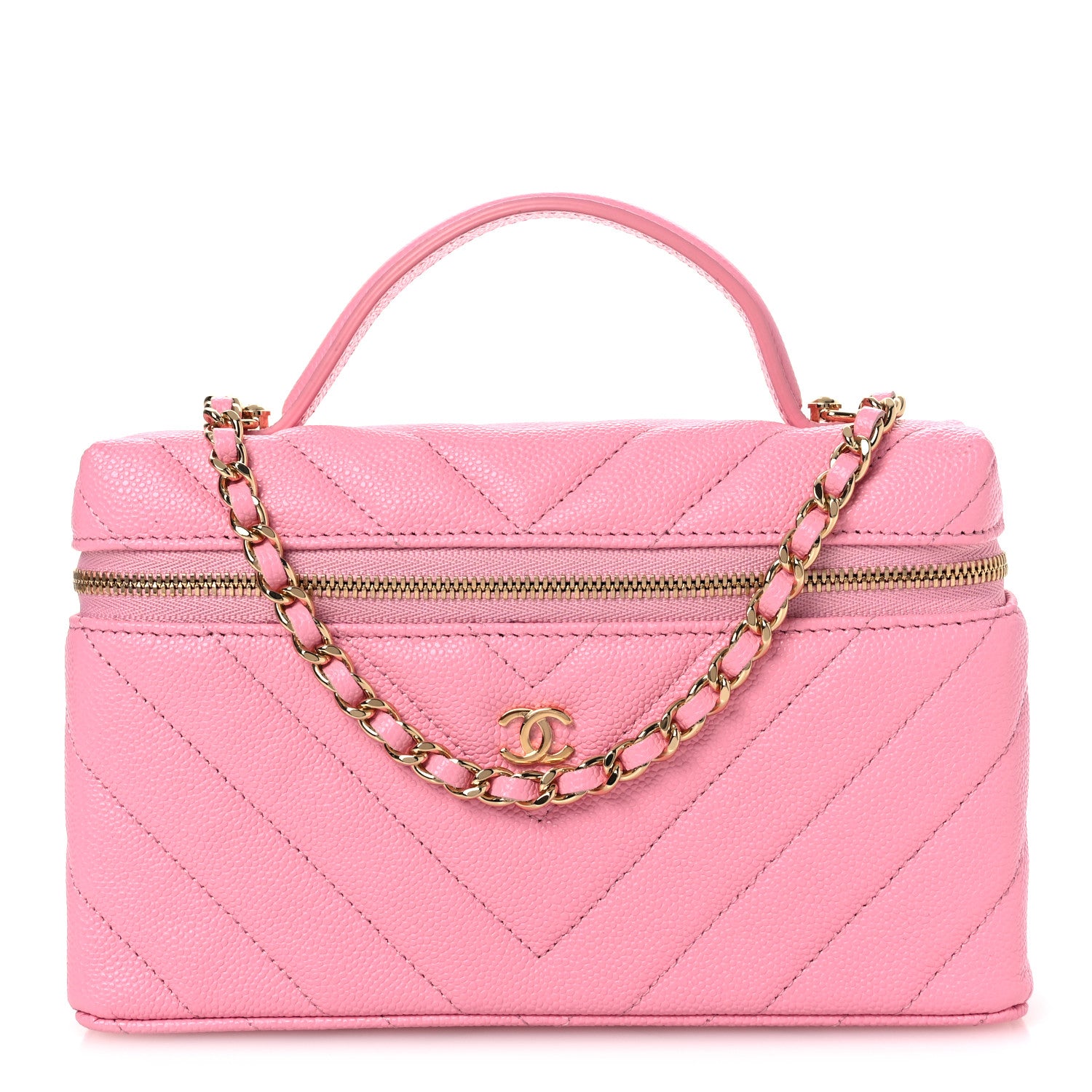 Chanel Shiny Caviar Quilted Sleek Chevron Vanity With Chain Rose 1 of 12