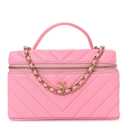Chanel Shiny Caviar Quilted Sleek Chevron Vanity With Chain Rose 1 of 12