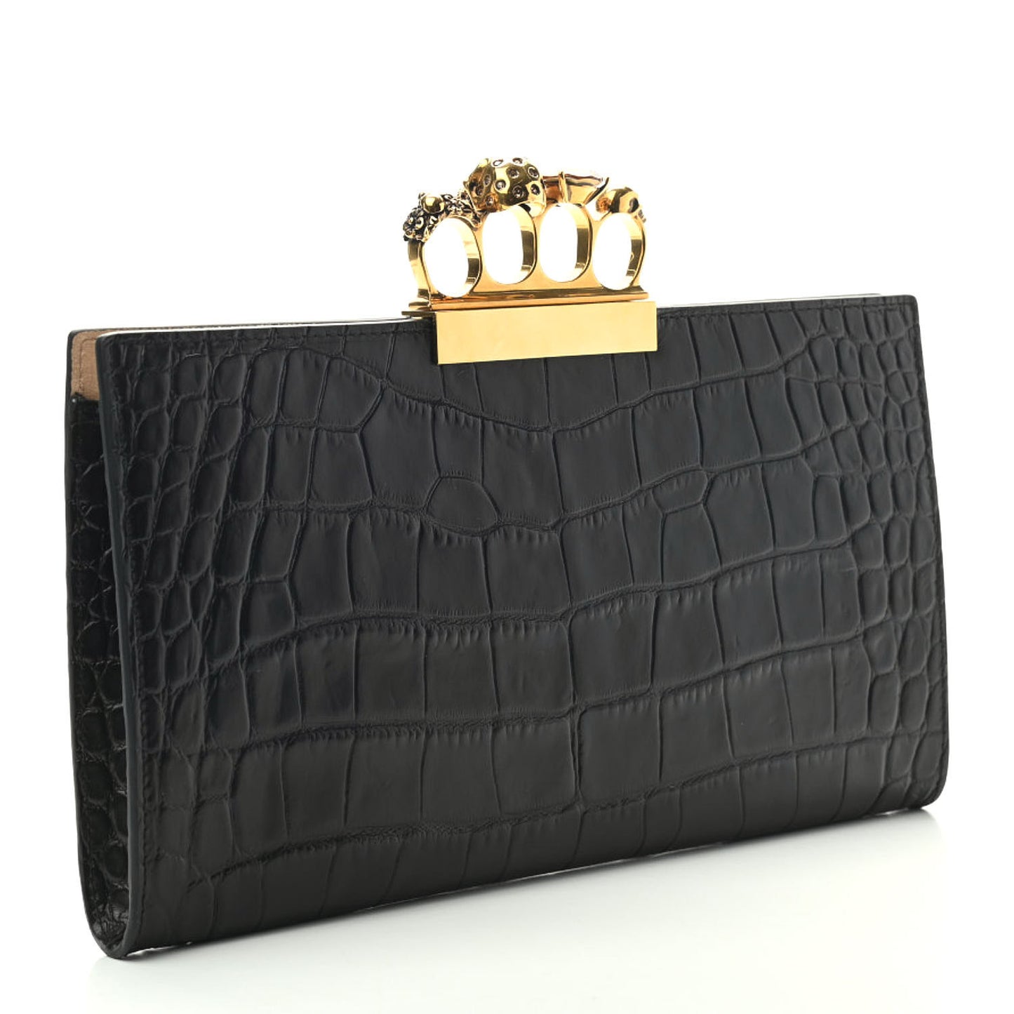 Calfskin Crocodile Embossed Knuckle Flat Clutch Black