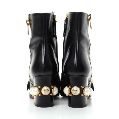 Gucci Betis Glamour Calfskin Web Pearl Embellished Peyton 75mm Ankle Boots 36 Black 7 of 11