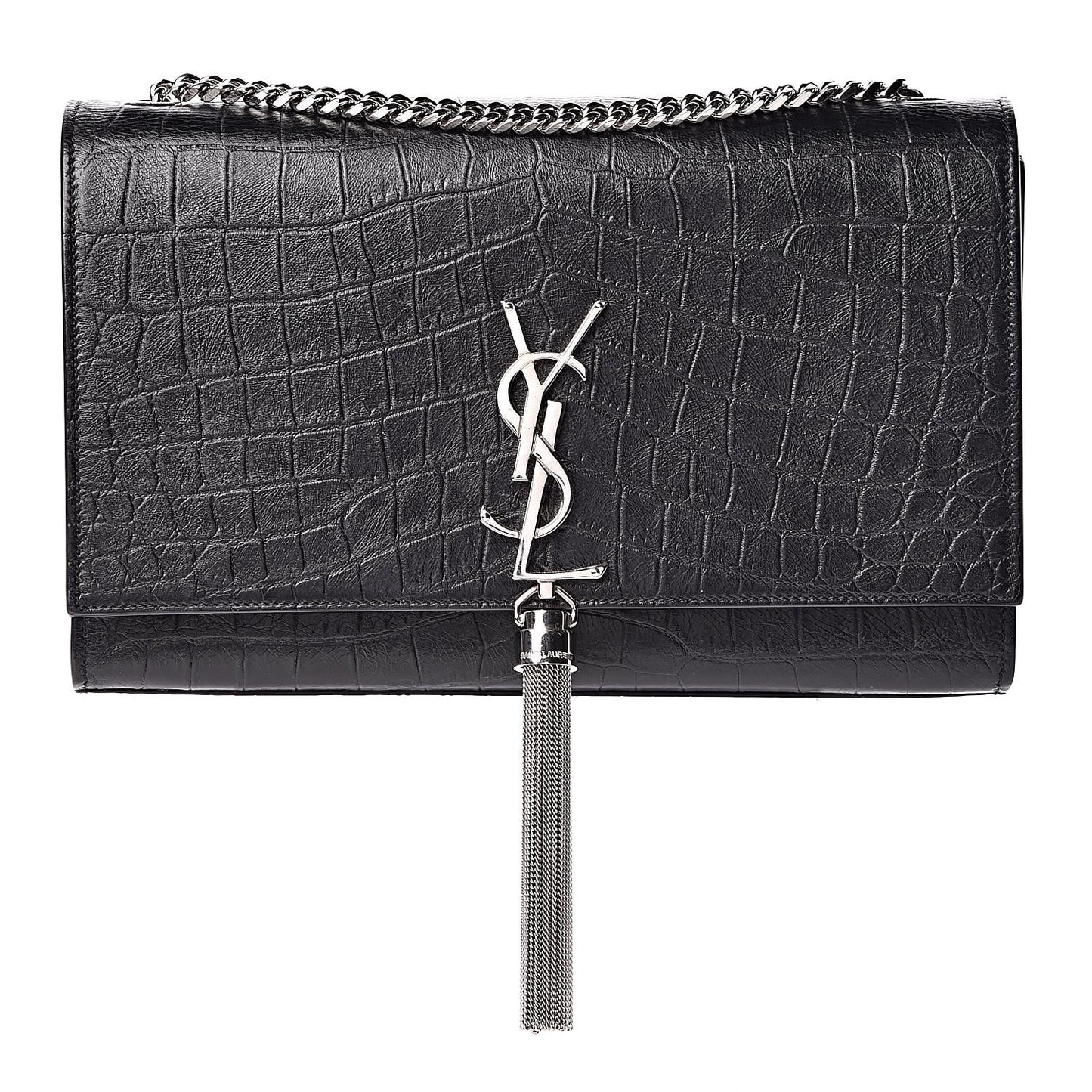 Calfskin Crocodile Embossed Medium Classic Monogram Kate Tassel Satchel Black