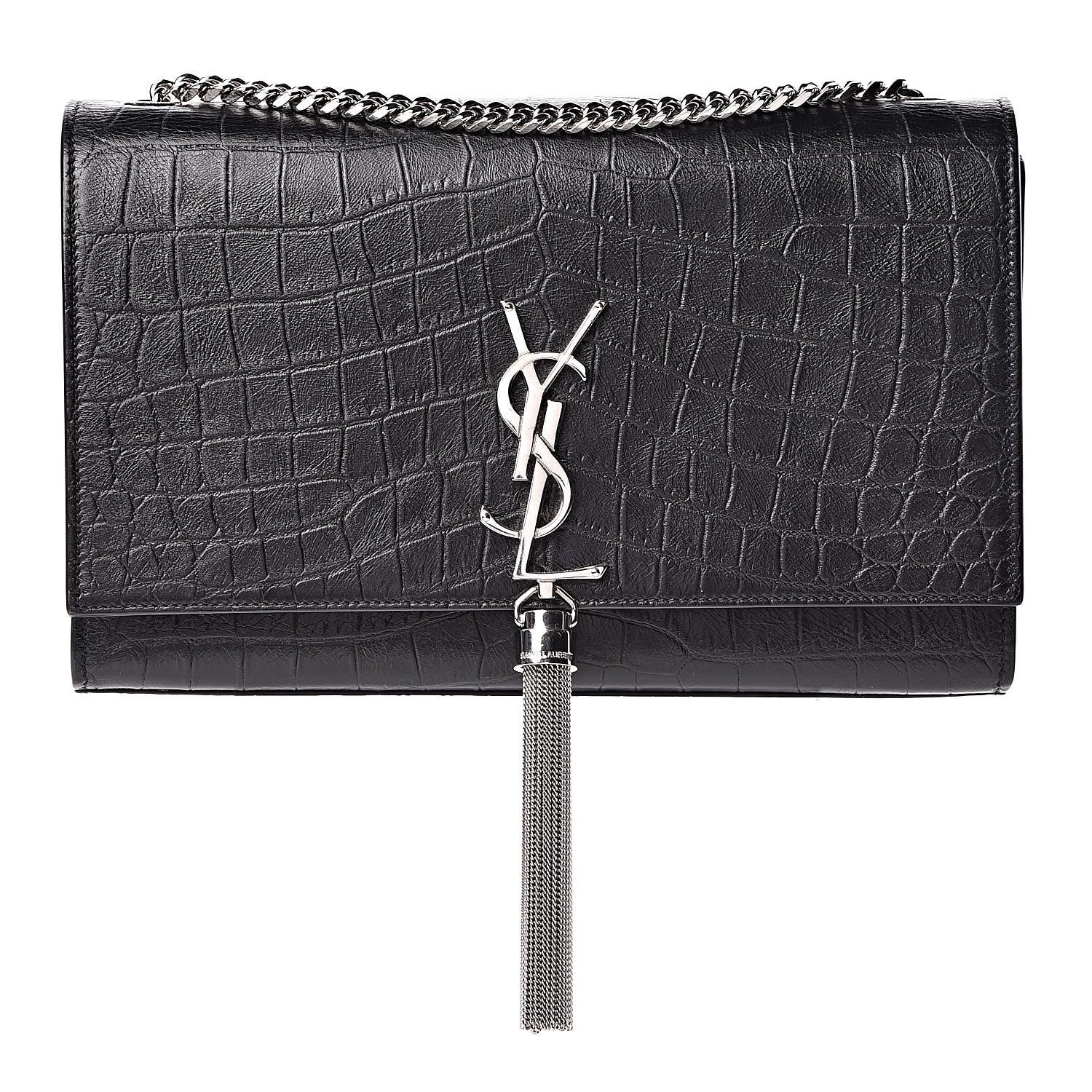 Saint Laurent Calfskin Crocodile Embossed Medium Classic Monogram Kate Tassel Satchel Black 1 of 13