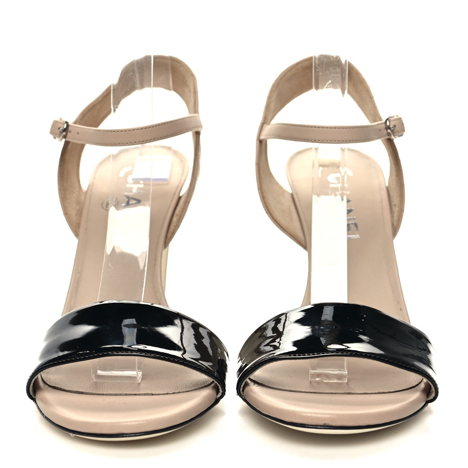 Chanel Lambskin Patent Quilted Pearl Sandals 39 Beige Black 2 of 8
