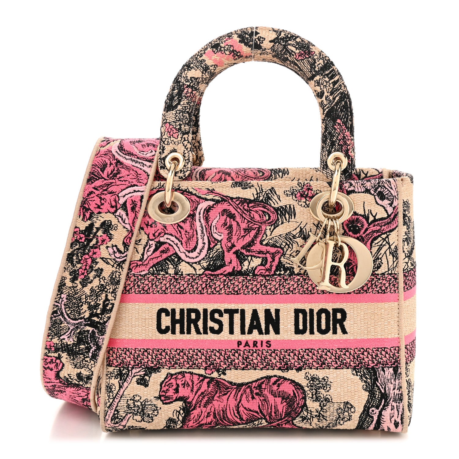 Christian Dior Canvas Toile De Jouy Embroidered Medium Lady D-Lite Beige Pink 1 of 10