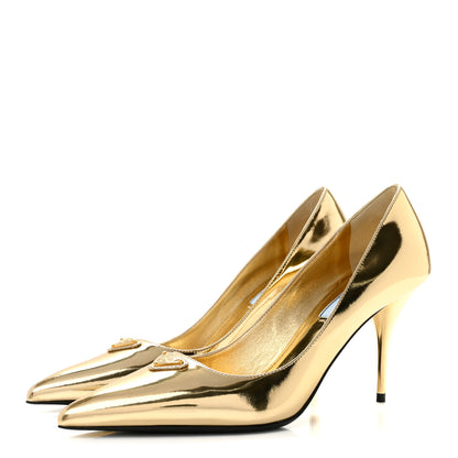 Prada Spazzolato Metal Triangle Logo Pointed Toe 85mm Pumps 37 Platino 4 of 9