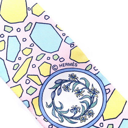 Hermes Silk La Danse Des Amazones Twilly Rose Pale Bleu Jaune 3 of 6