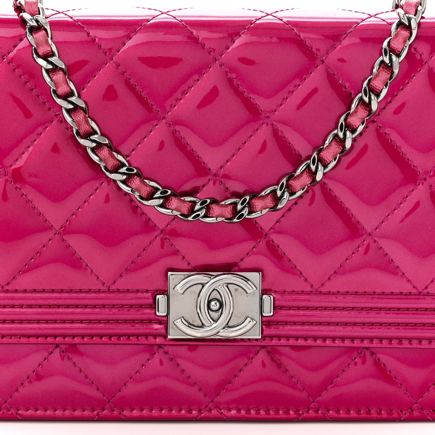Chanel Metallic Patent Calfskin Quilted Boy Wallet On Chain WOC Fuchsia 9 of 11