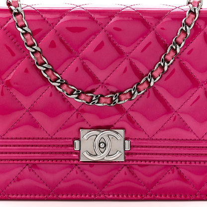 Chanel Metallic Patent Calfskin Quilted Boy Wallet On Chain WOC Fuchsia 9 of 11
