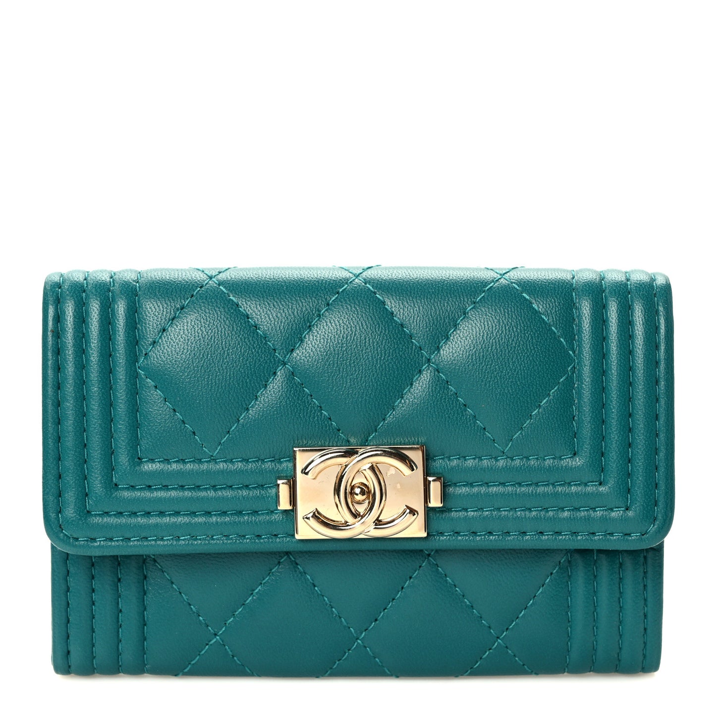 Lambskin Quilted Boy Flap Card Holder Turquoise