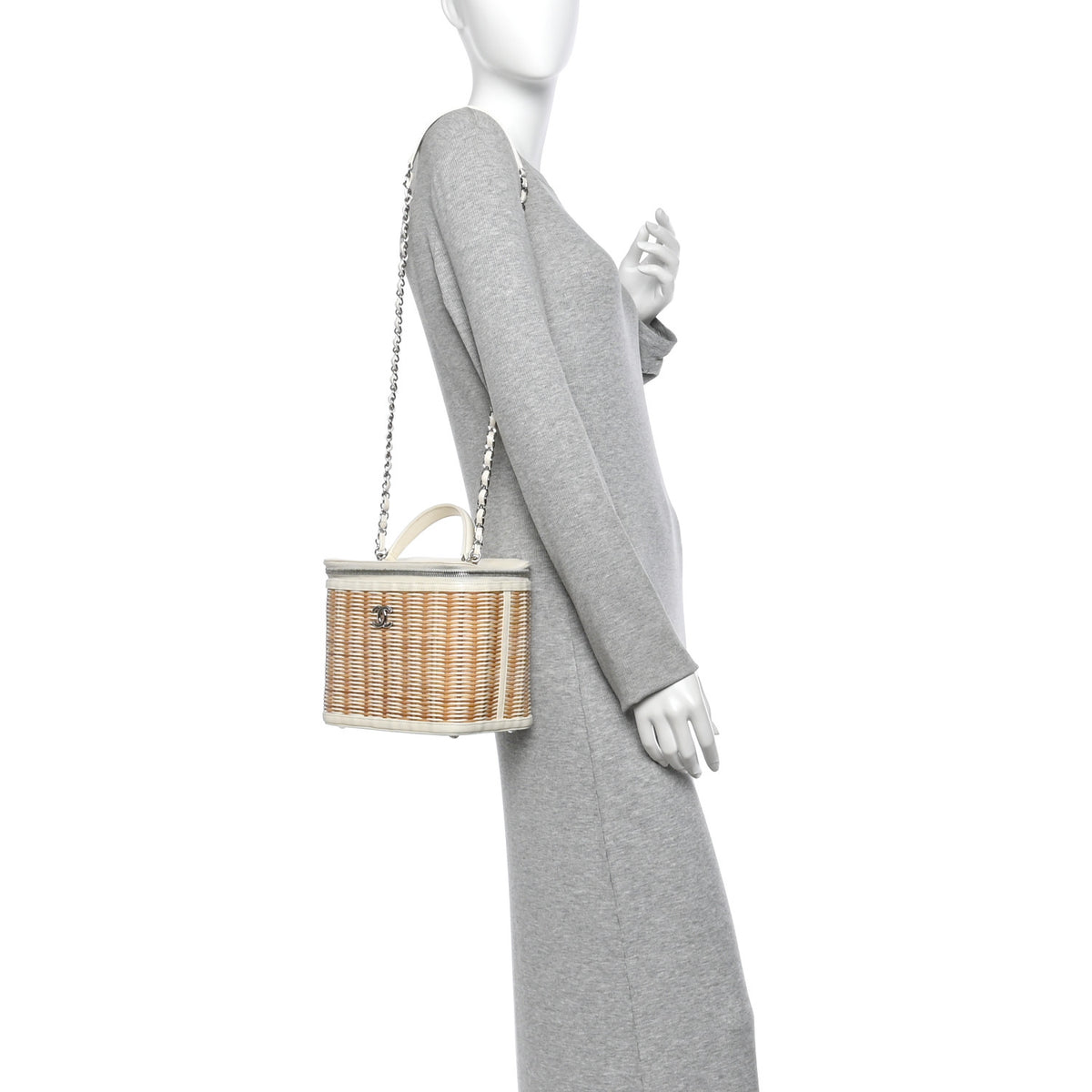 Glazed Calfskin Raffia Vanity Case Bag White Beige