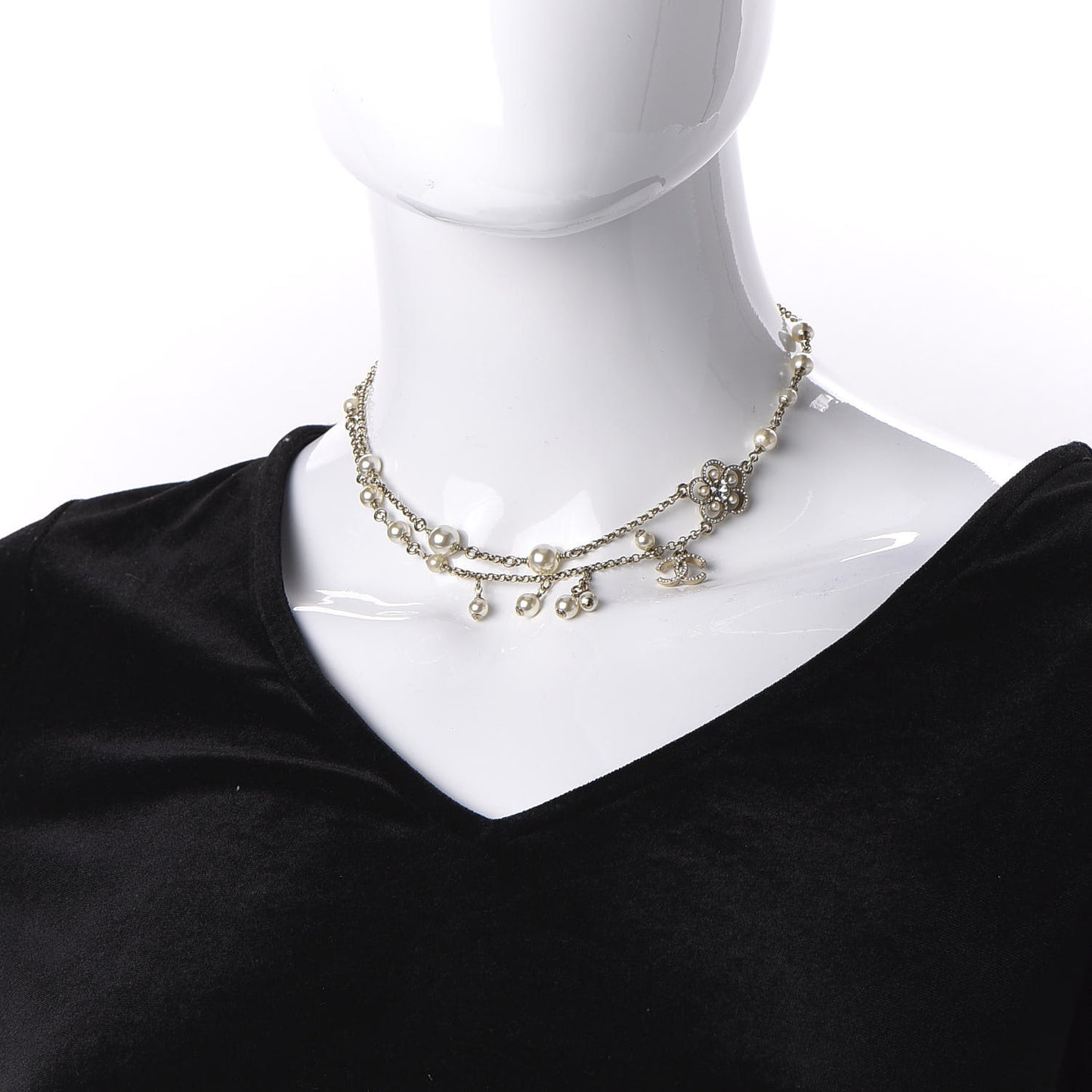 Pearl Crystal Flower CC Necklace Gold