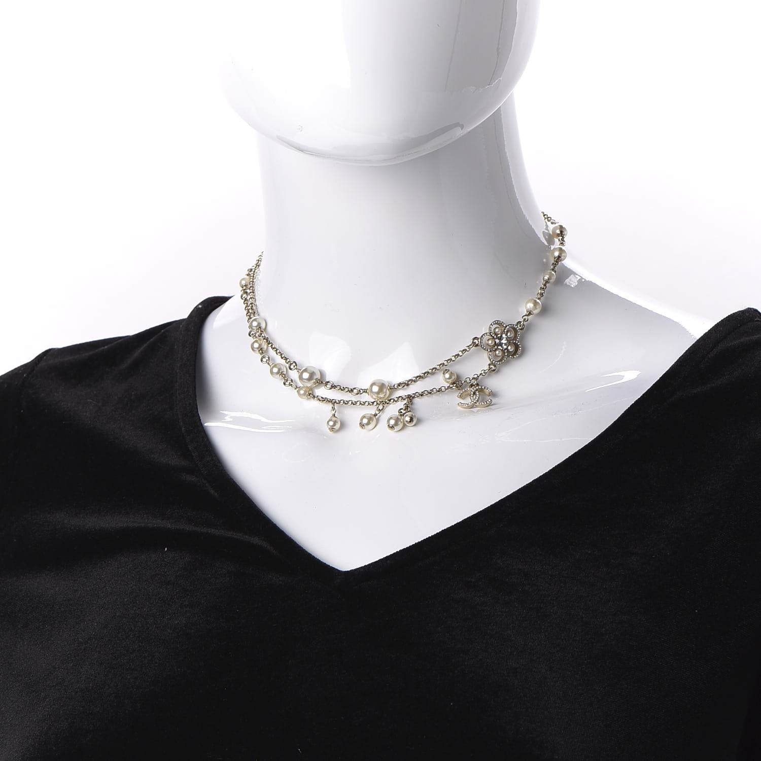Chanel Pearl Crystal Flower CC Necklace Gold 3 of 11