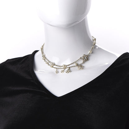 Chanel Pearl Crystal Flower CC Necklace Gold 3 of 11