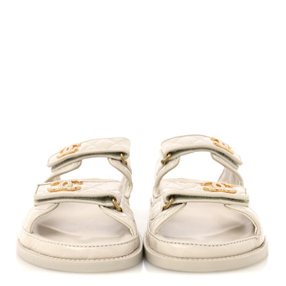 Chanel Shiny Calfskin Pearl Quilted Velcro Dad CC Slide Sandals 39 Light Beige 3 of 9