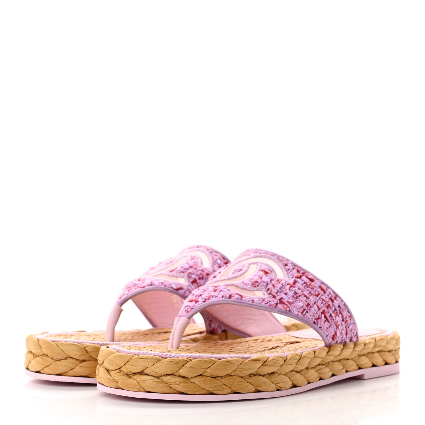 Tweed Mesh Satin CC Thong Sandals 38.5 Light Purple Pink Red