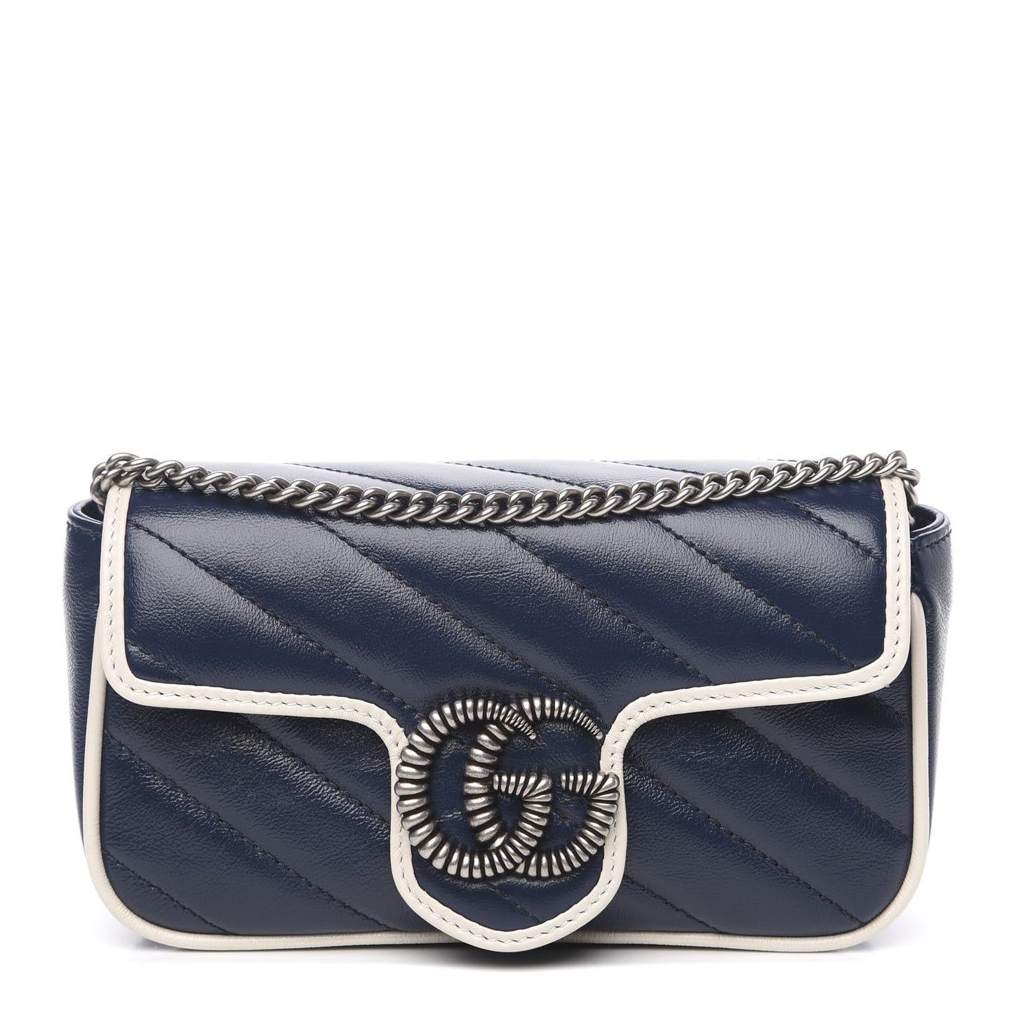 Vintage Effect Calfskin Matelasse Diagonal Super Mini Torchon GG Marmont Shoulder Bag Blue Agata Mystic White