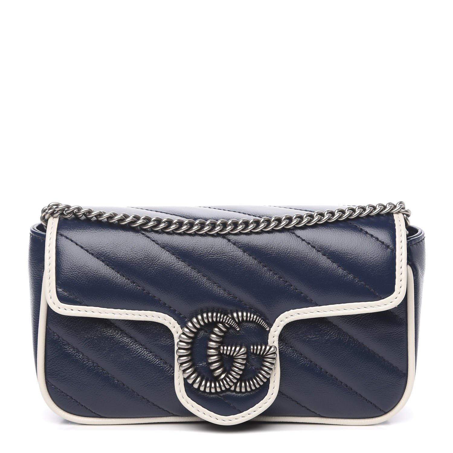 Gucci Vintage Effect Calfskin Matelasse Diagonal Super Mini Torchon GG Marmont Shoulder Bag Blue Agata Mystic White 1 of 10