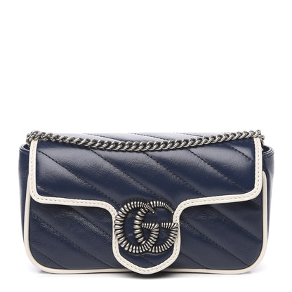 Gucci Vintage Effect Calfskin Matelasse Diagonal Super Mini Torchon GG Marmont Shoulder Bag Blue Agata Mystic White 1 of 10