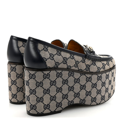 Gucci Canvas GG Monogram Horsebit Calfskin Womens Horsebit Platform Loafers 38.5 Beige Blue 5 of 10