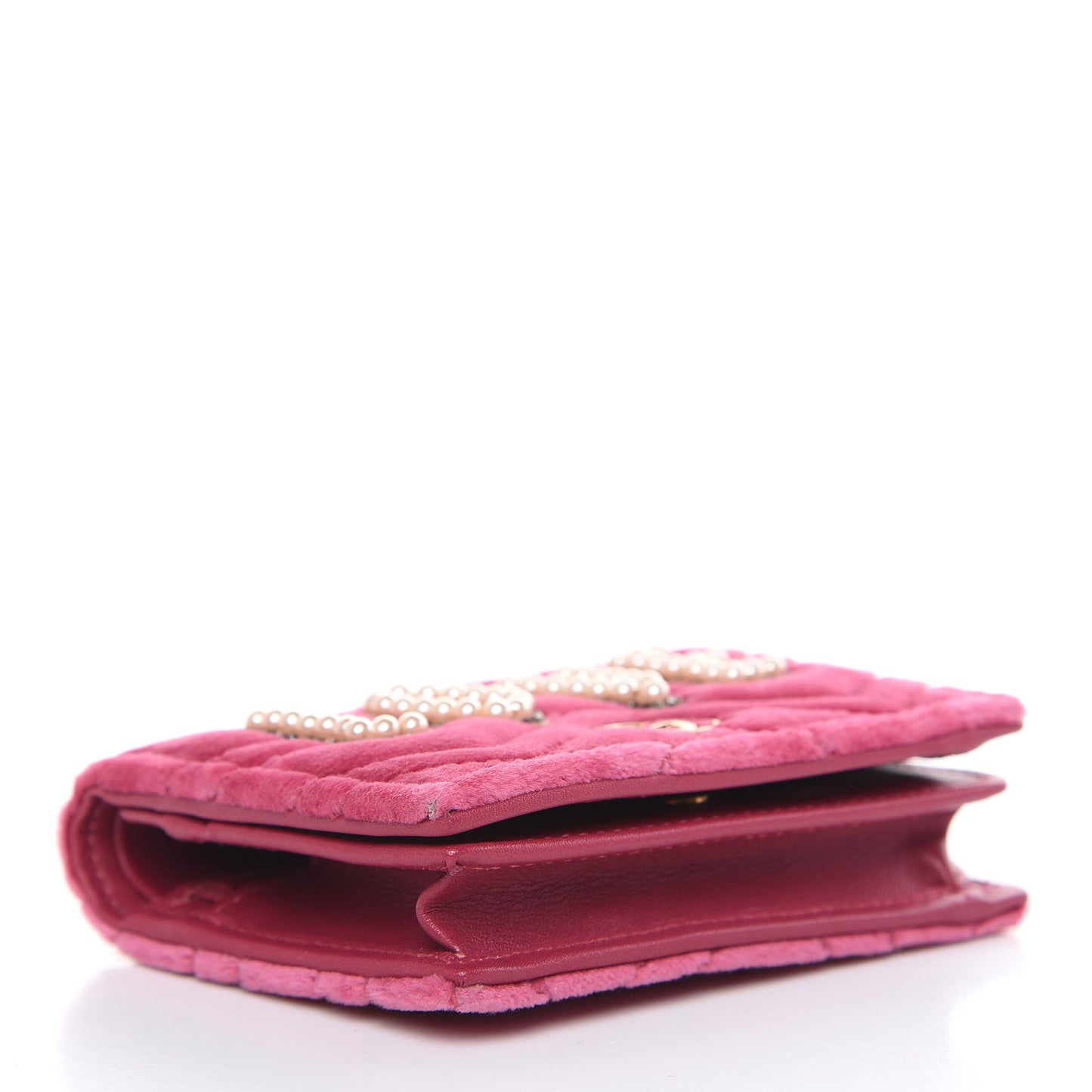 Velvet Matelasse Pearl Love Embroidered GG Marmont Card Case Wallet Light Raspberry Rose