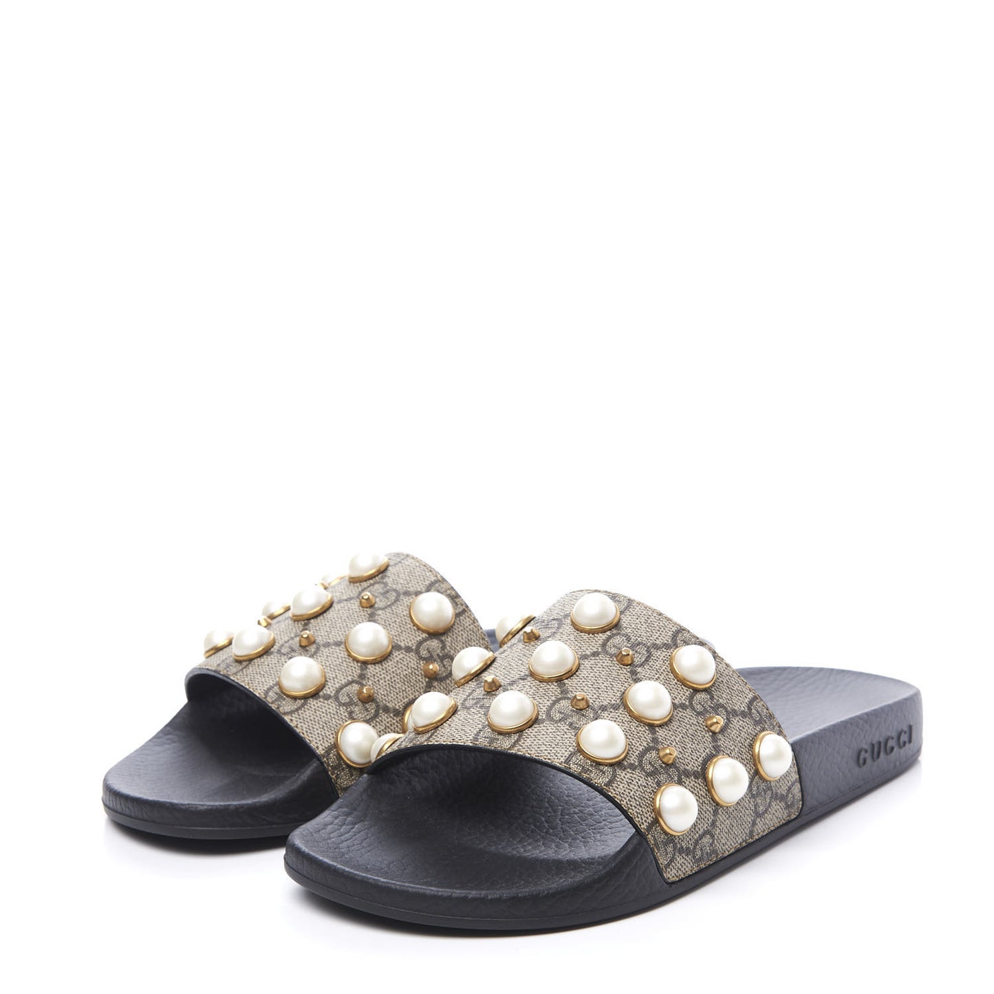 GG Supreme Monogram Pearls Slide Sandals 37 Beige