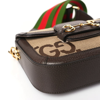Gucci Monogram Jumbo GG Textured Dollar Calfskin Web Mini Horsebit 1955 Shoulder Bag Camel Ebony New Acero 7 of 8