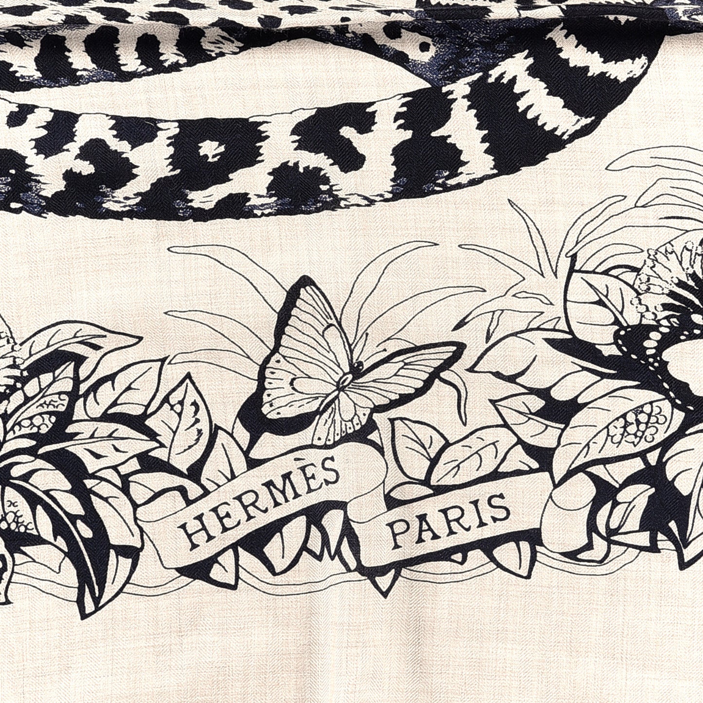 Cashmere Silk Jungle Love Tattoo Shawl 140 Natural Bleu Black