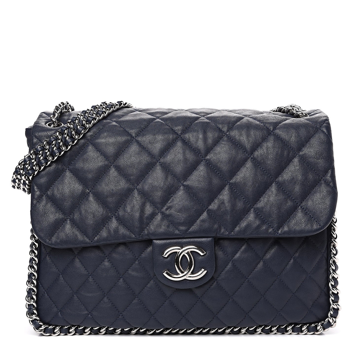 Washed Lambskin Quilted Chain Around Maxi Flap Dark Navy Blue