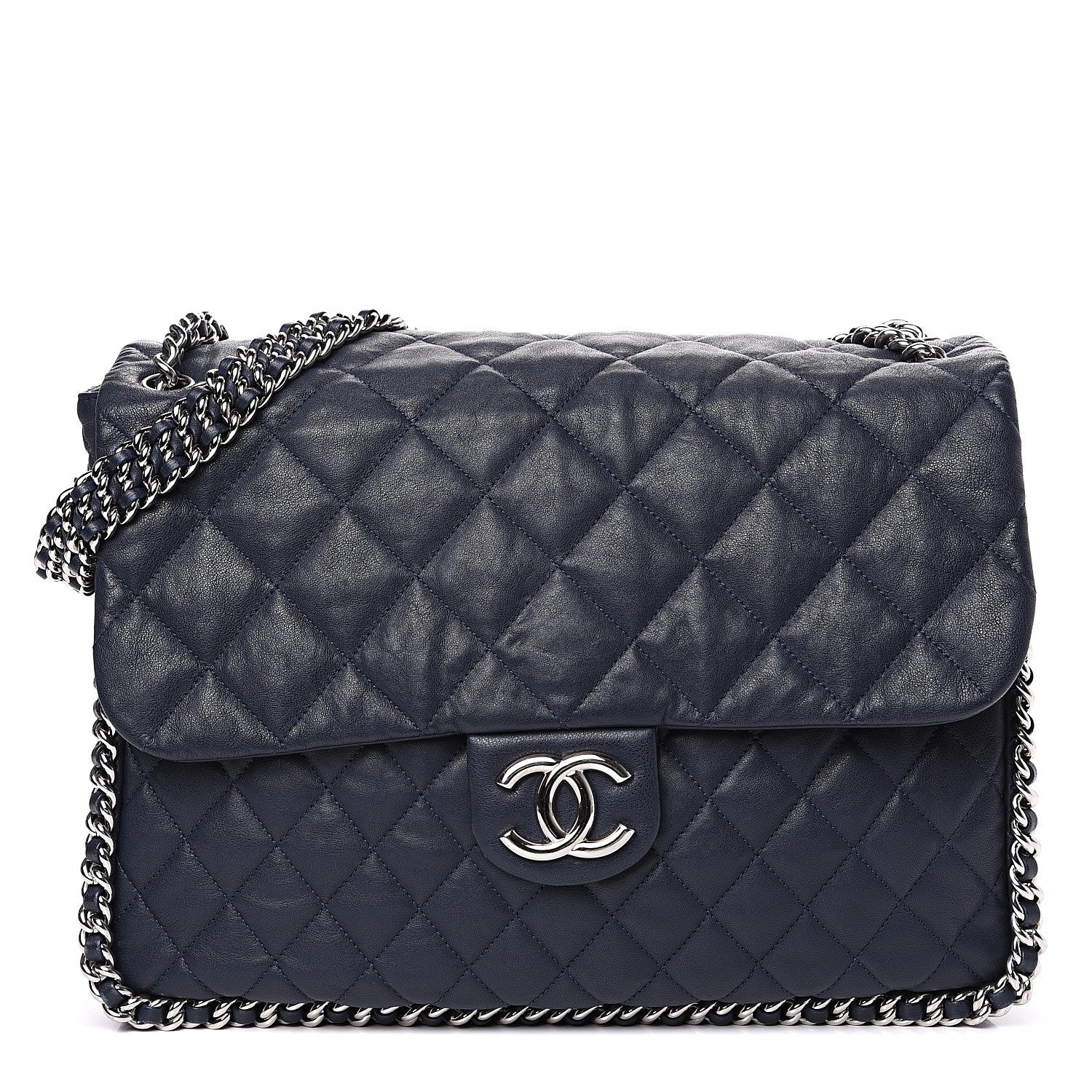 Chanel Washed Lambskin Quilted Chain Around Maxi Flap Dark Navy Blue 1 of 14