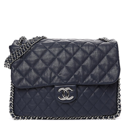 Chanel Washed Lambskin Quilted Chain Around Maxi Flap Dark Navy Blue 1 of 14