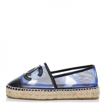 Chanel Mesh Lambskin Check Print CC Espadrilles 35 Blue Black White 1 of 9