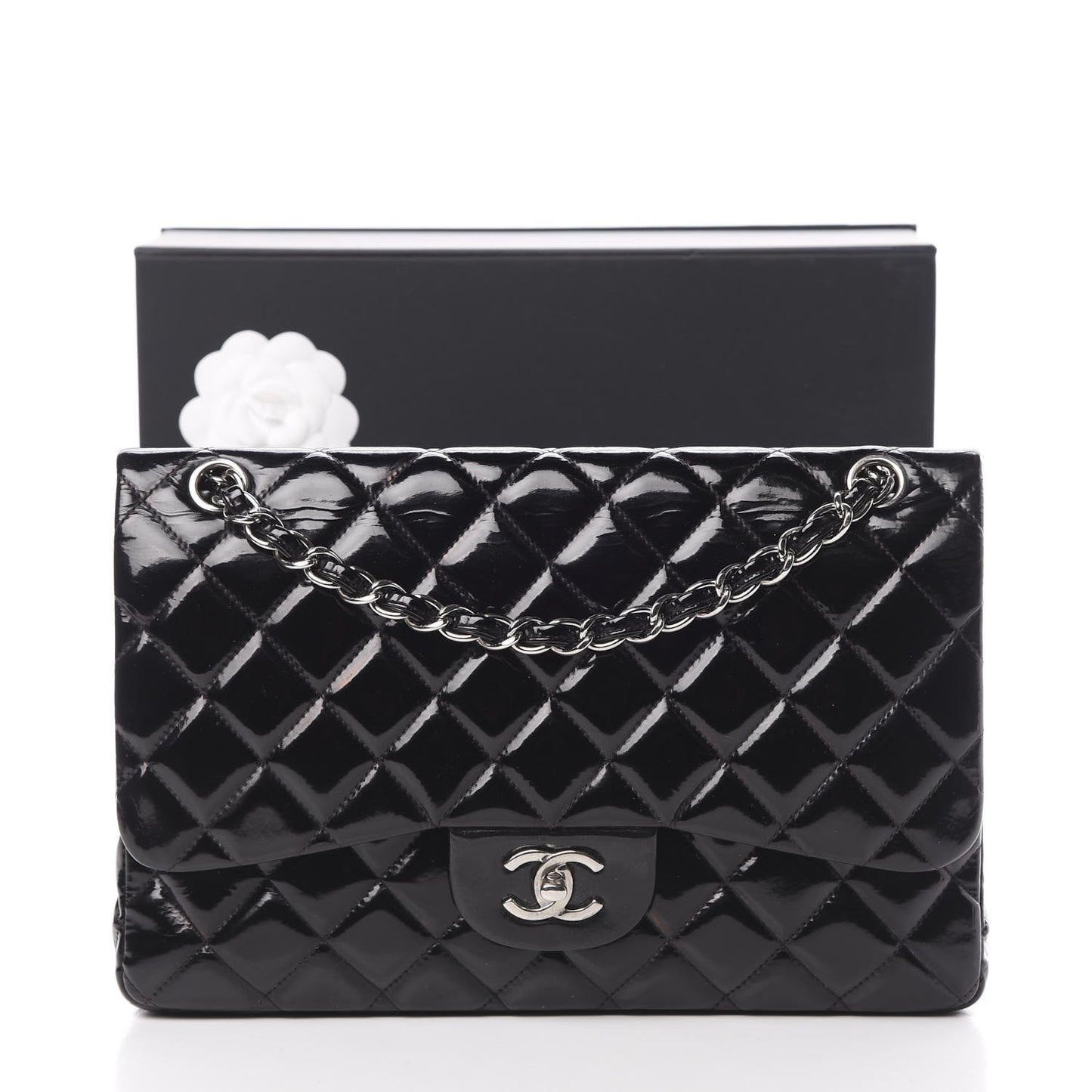 Patent Quilted Jumbo Double Flap Black