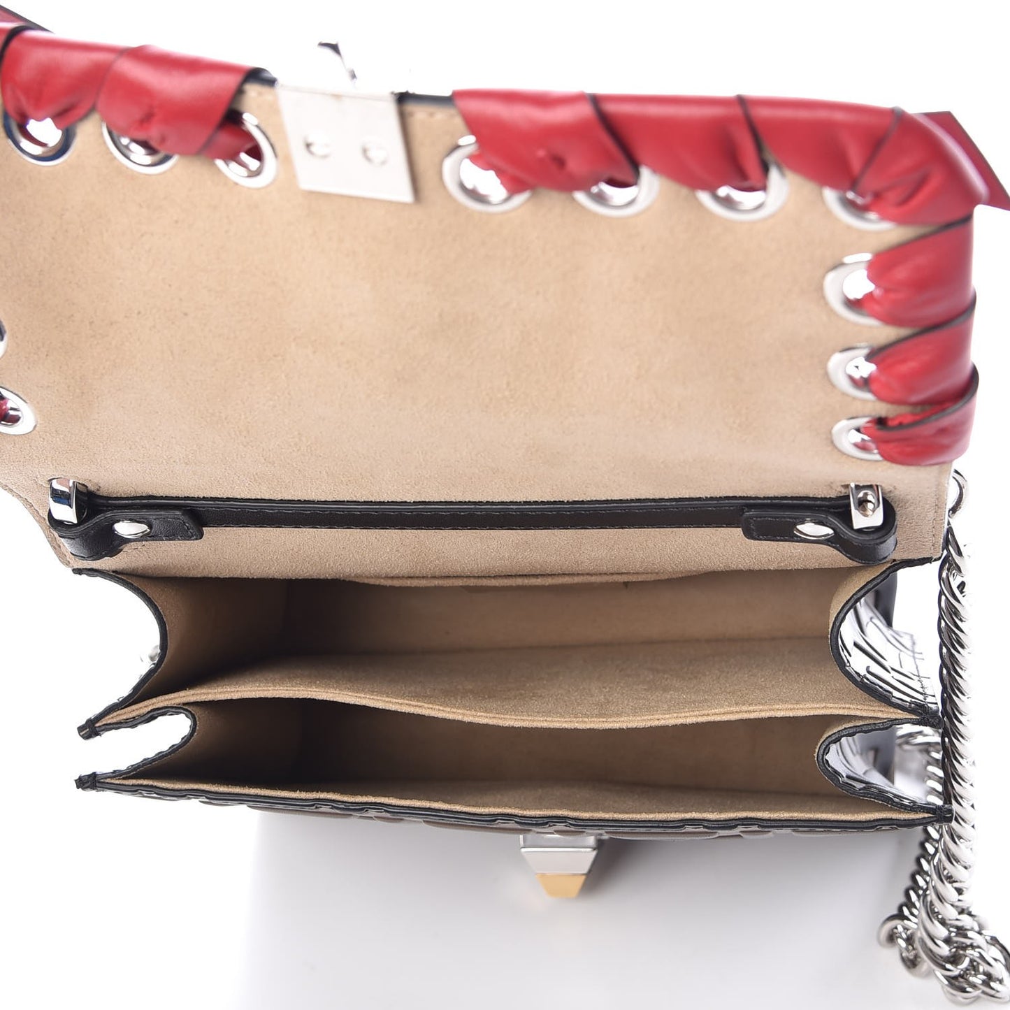Vitello Shiny Nappa Bi-Color FF 1974 Lace Up Bow Embossed Small Kan I Shoulder Bag Maya Black Fragola